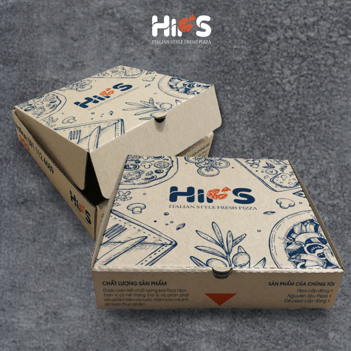 Hộp Pizza Hip's kích thước 21x21x4cm