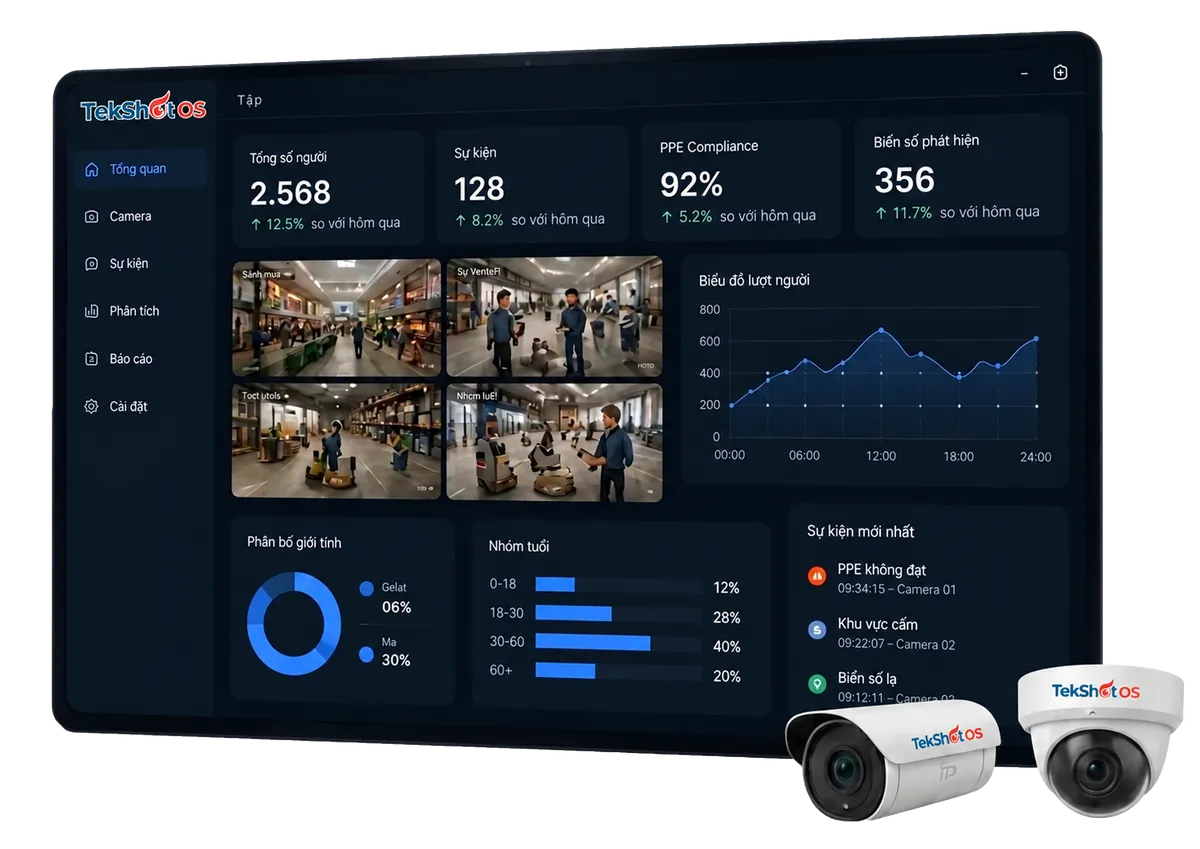 Giao diện phần mềm Tekshot OS trên máy tính và điện thoại