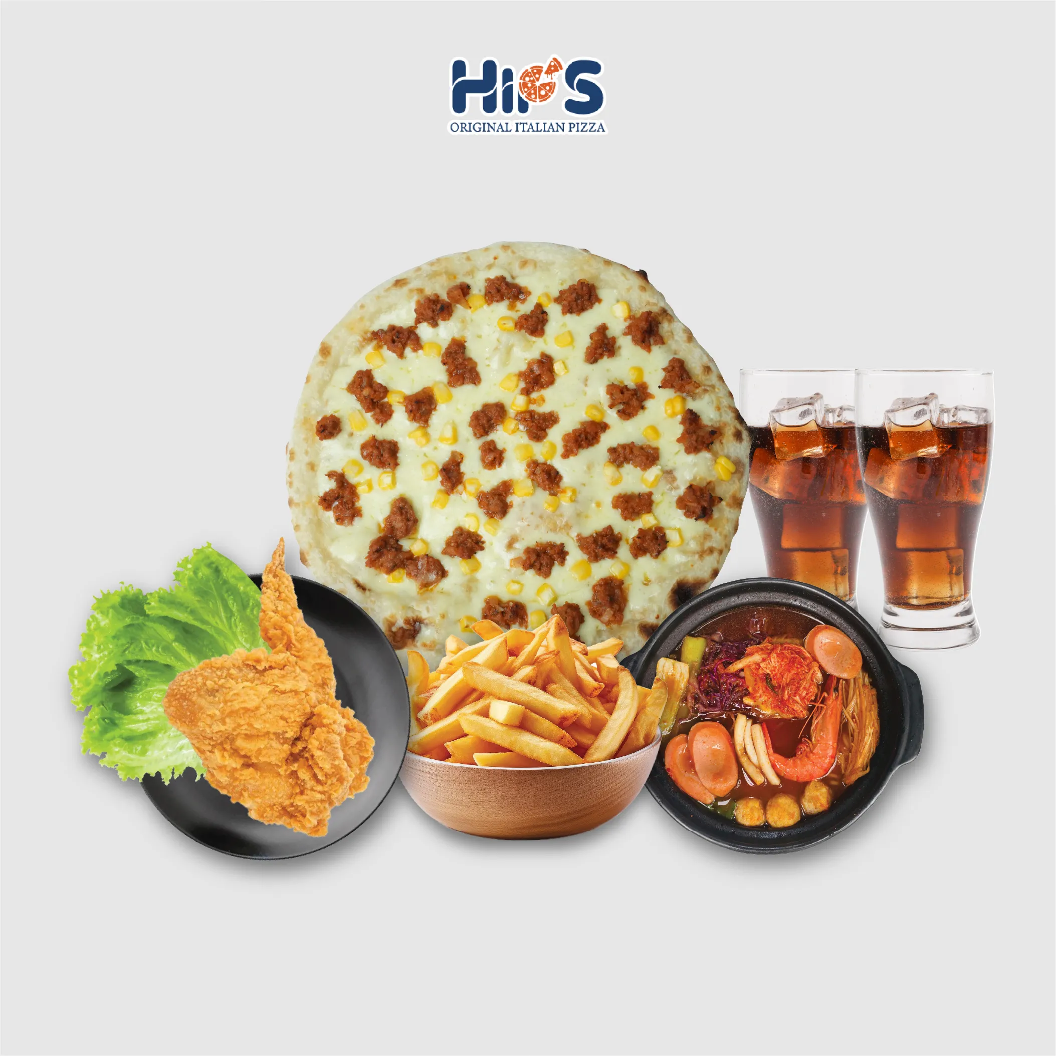 Combo 2 người gồm pizza, cánh gà, mỳ cay và đồ uống